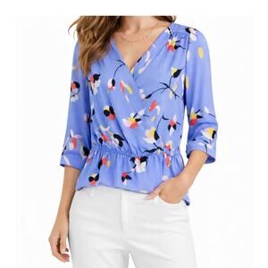 Halogen Periwinkle Blue Abstract Floral Peplum Blouse XS V Neck NWOT